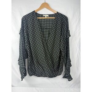 Max Studio Size L Black Floral Surplice Blouse Ruffle Sleeve‎ Boho Top
